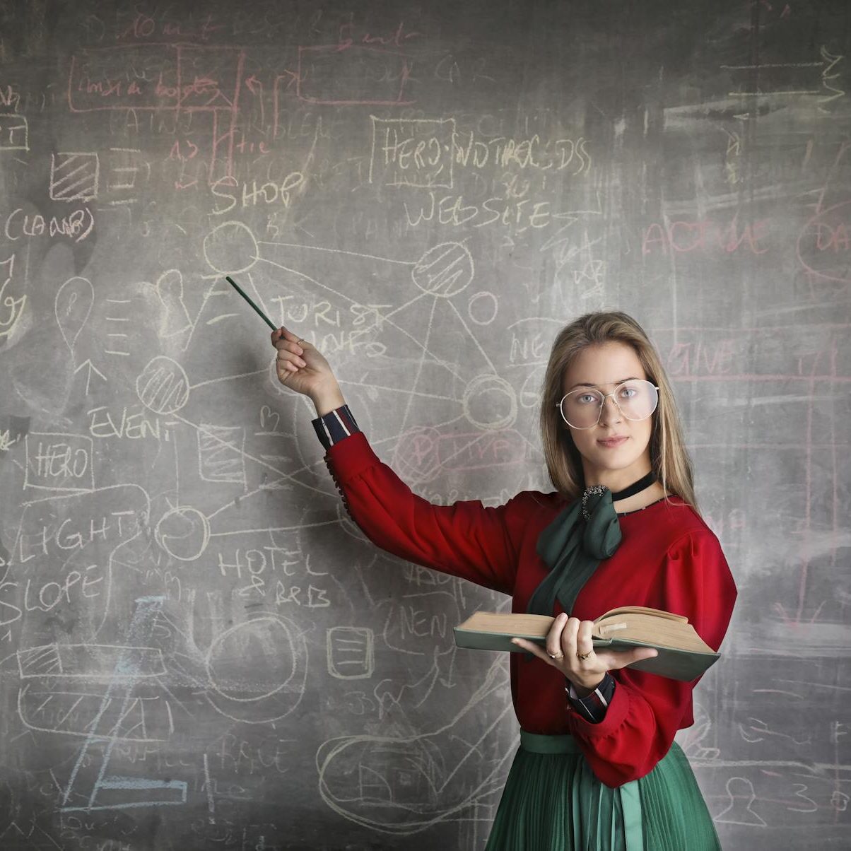 strict female teacher with book pointing at scribbled blackboard